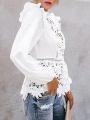 Lace Blouse Cut Out Jewel Neck Long Sleeves Tops Mssza