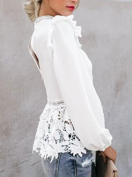 Lace Blouse Cut Out Jewel Neck Long Sleeves Tops Mssza