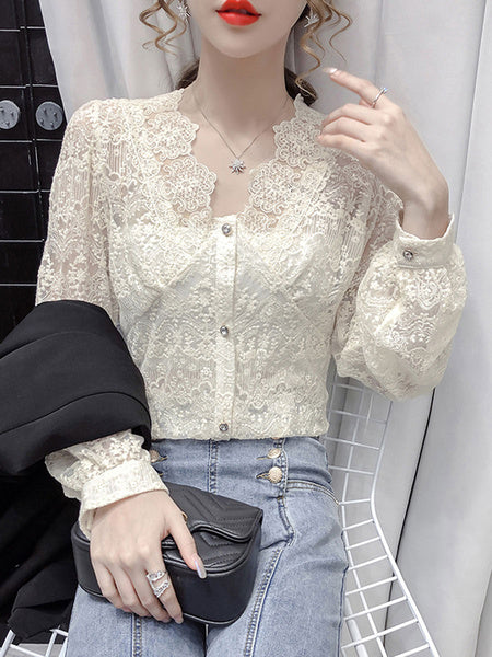 Lace Blouse V-Neck Long Sleeve Casual Shirts Mssza