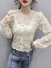 Lace Blouse V-Neck Long Sleeve Casual Shirts Mssza