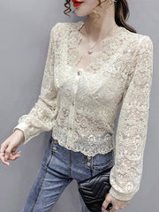 Lace Blouse V-Neck Long Sleeve Casual Shirts Mssza