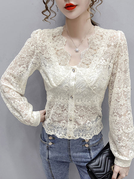 Lace Blouse V-Neck Long Sleeve Casual Shirts Mssza