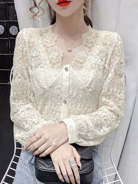 Lace Blouse V-Neck Long Sleeve Casual Shirts Mssza
