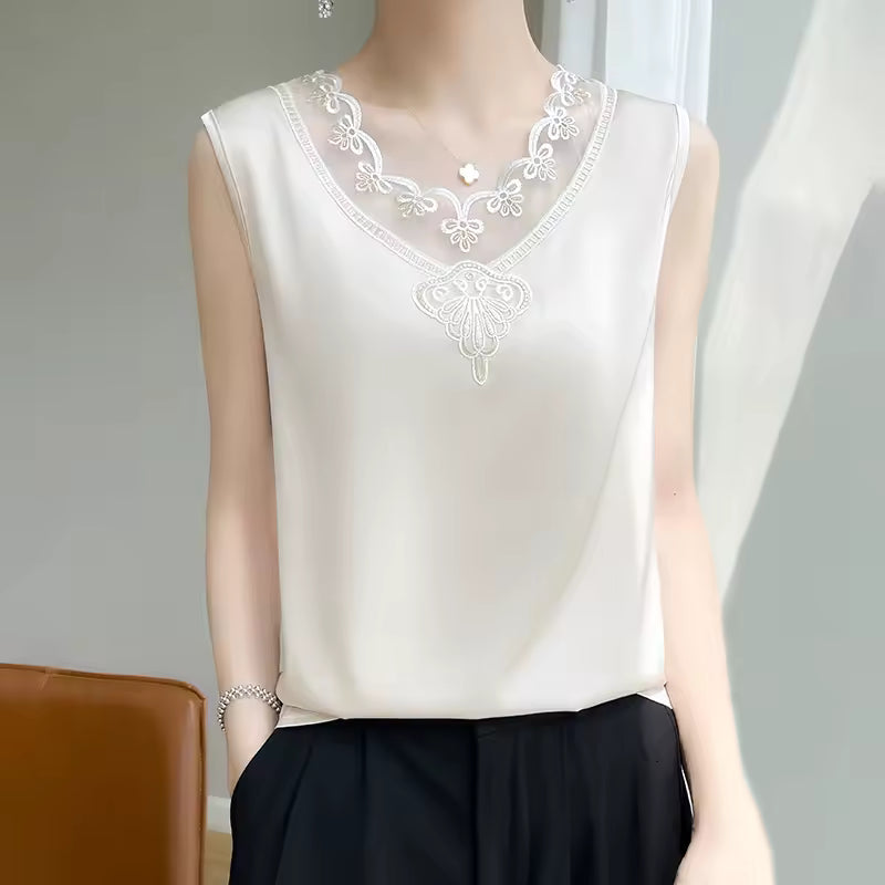 Lace Camisole Wear Loose Sleeveless Satin Office Lady Tops Mssza