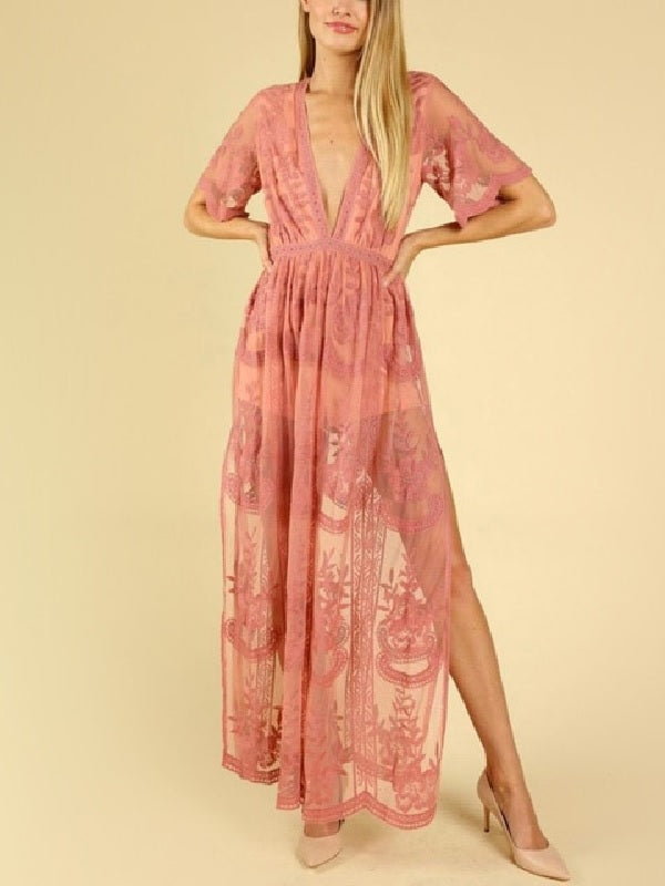 Lace Chic V-Neck Floral Embroidered Romper Jumpsuit Mssza