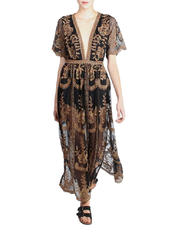 Lace Chic V-Neck Floral Embroidered Romper Jumpsuit Mssza