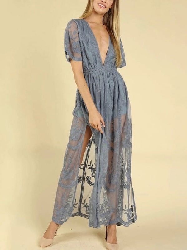 Lace Chic V-Neck Floral Embroidered Romper Jumpsuit Mssza