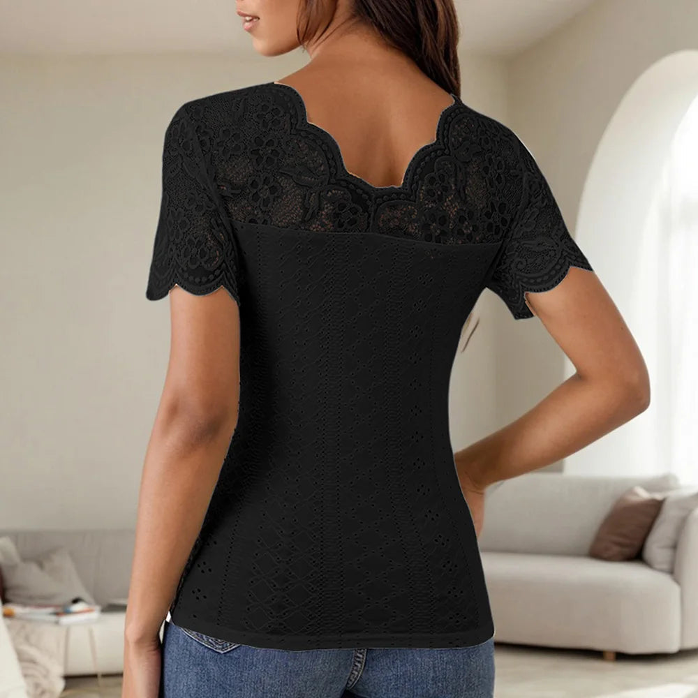 Lace Colorblock V-Neck Short Sleeve Casual Pullover T Shirts Tops Mssza