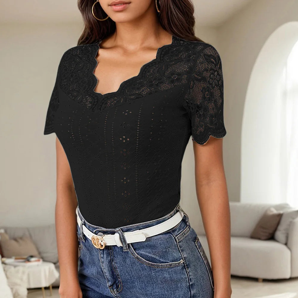Lace Colorblock V-Neck Short Sleeve Casual Pullover T Shirts Tops Mssza