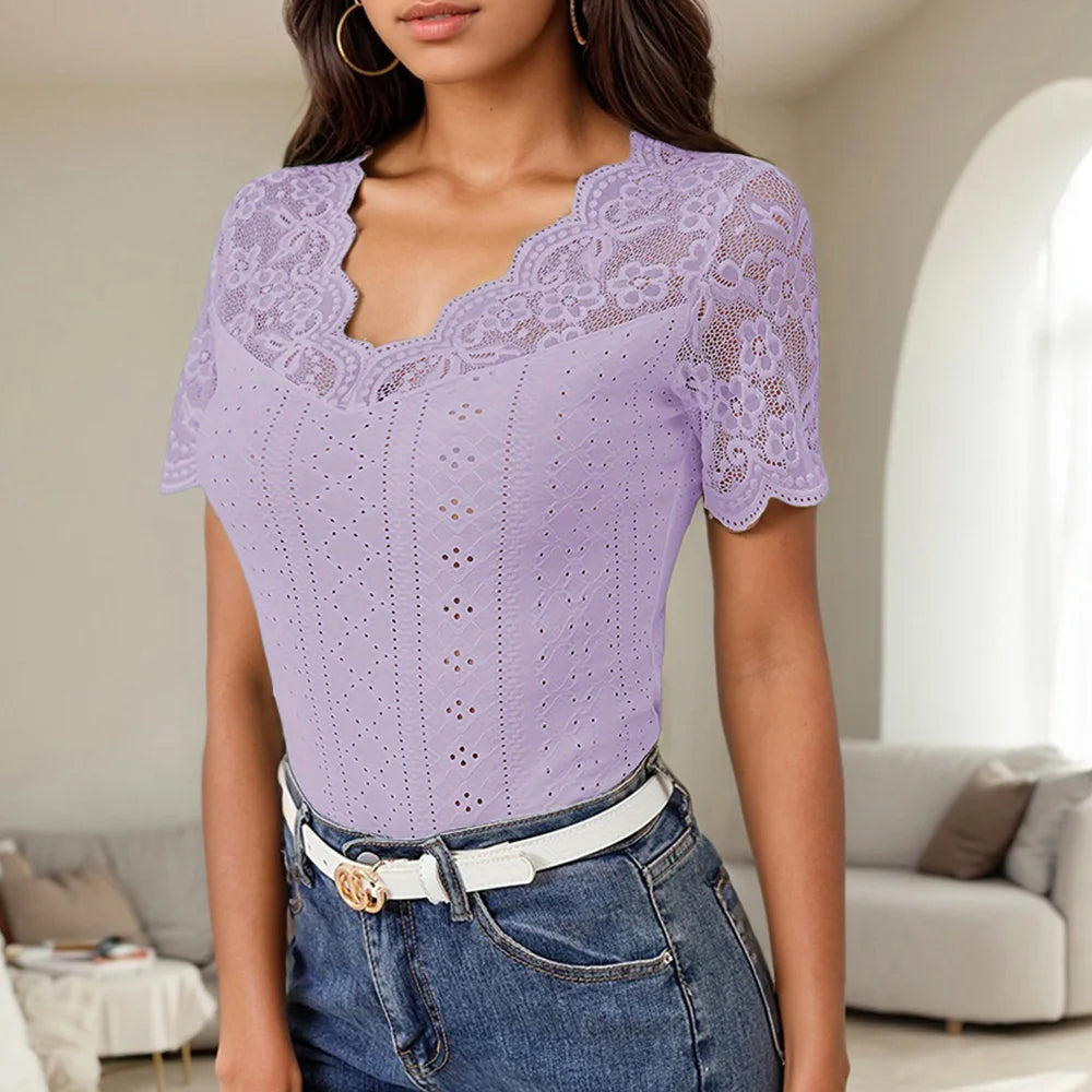 Lace Colorblock V-Neck Short Sleeve Casual Pullover T Shirts Tops Mssza