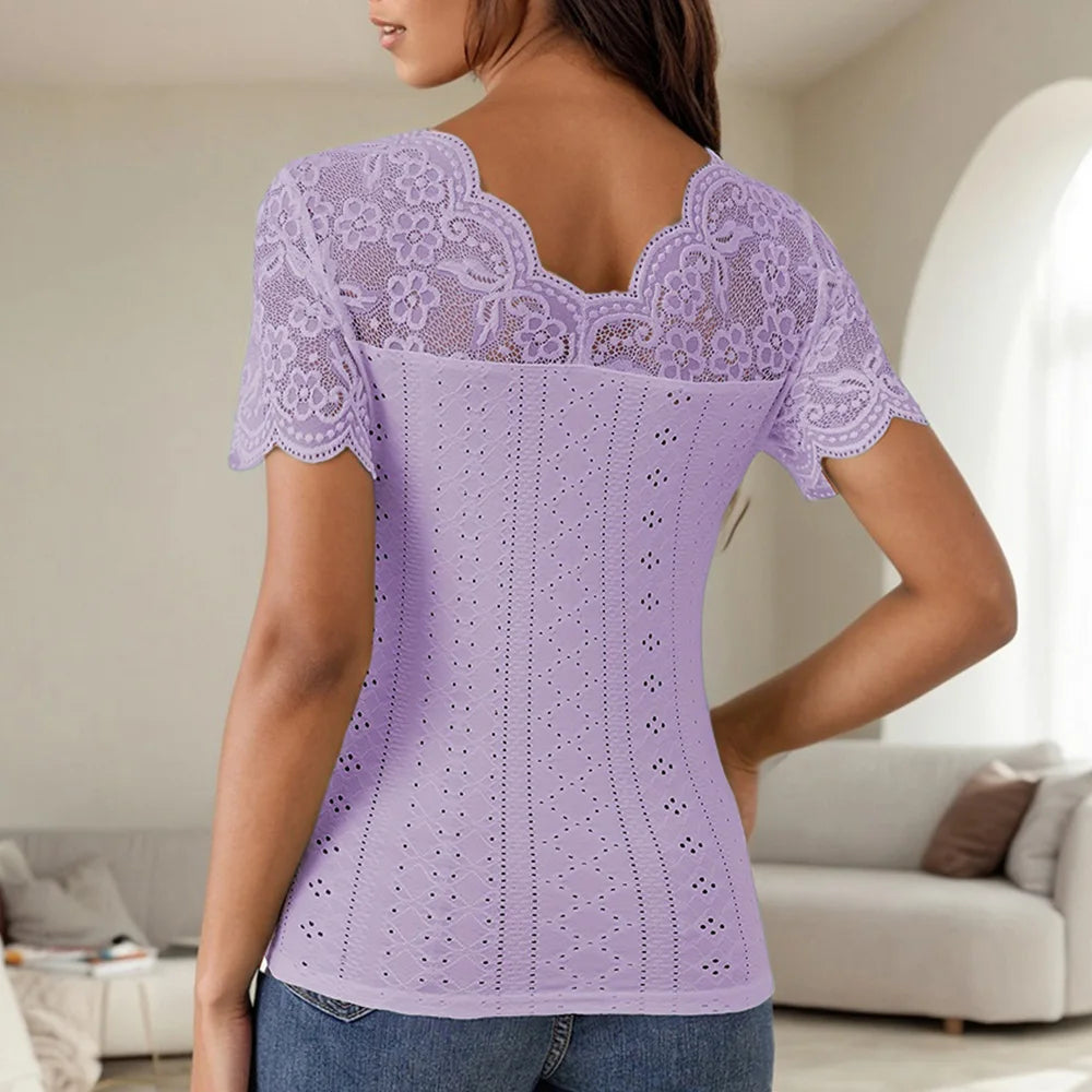 Lace Colorblock V-Neck Short Sleeve Casual Pullover T Shirts Tops Mssza