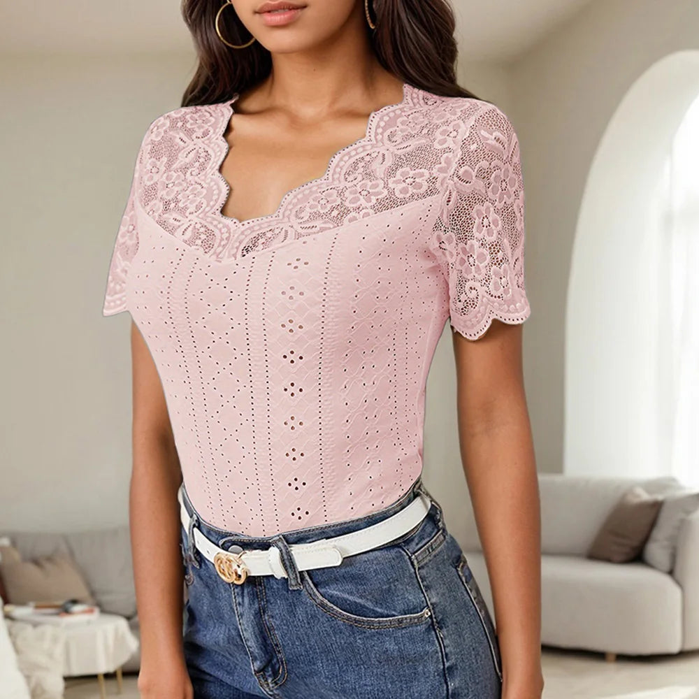 Lace Colorblock V-Neck Short Sleeve Casual Pullover T Shirts Tops Mssza
