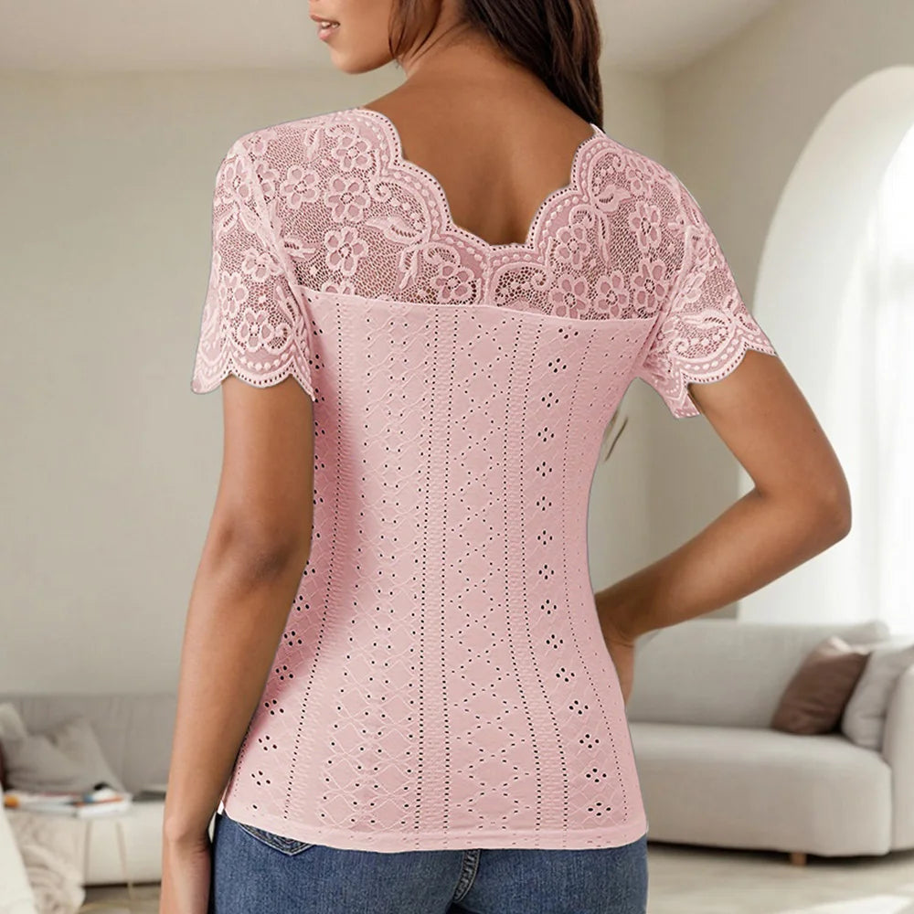 Lace Colorblock V-Neck Short Sleeve Casual Pullover T Shirts Tops Mssza