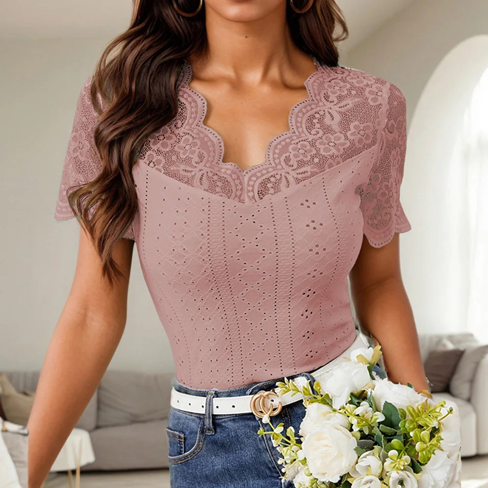 Lace Colorblock V-Neck Short Sleeve Casual Pullover T Shirts Tops Mssza