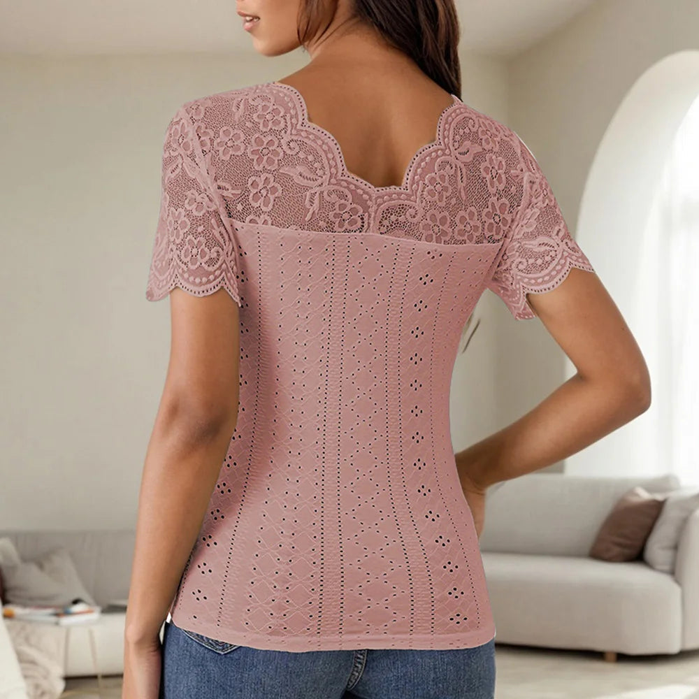 Lace Colorblock V-Neck Short Sleeve Casual Pullover T Shirts Tops Mssza