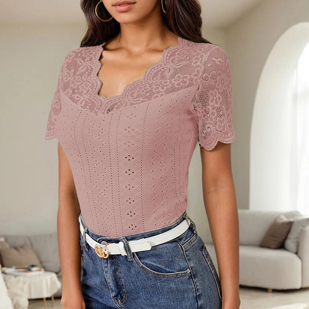 Lace Colorblock V-Neck Short Sleeve Casual Pullover T Shirts Tops Mssza