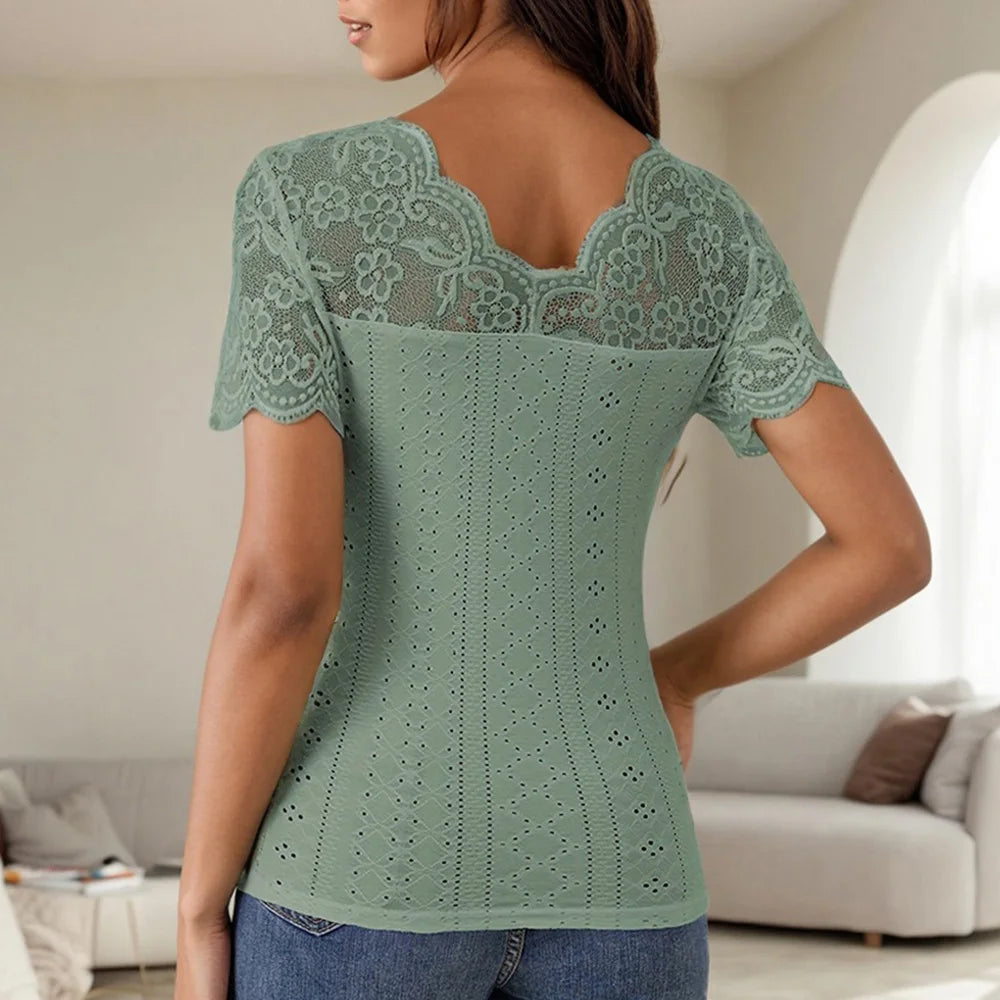 Lace Colorblock V-Neck Short Sleeve Casual Pullover T Shirts Tops Mssza
