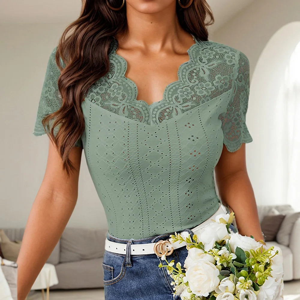 Lace Colorblock V-Neck Short Sleeve Casual Pullover T Shirts Tops Mssza