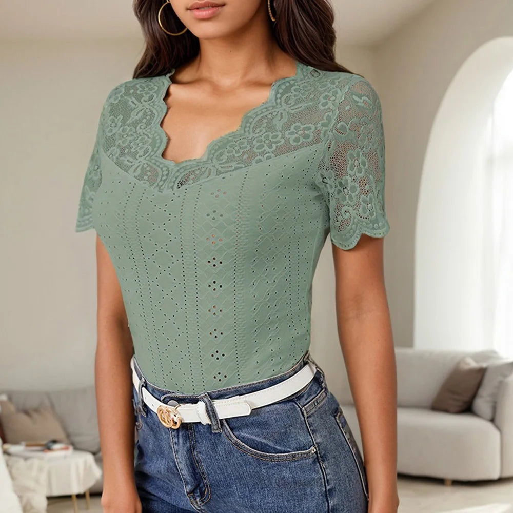 Lace Colorblock V-Neck Short Sleeve Casual Pullover T Shirts Tops Mssza