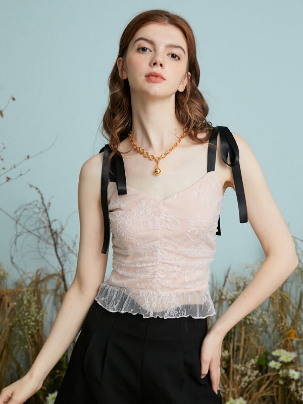 Lace Contrast Color Bowknot Knotted Strap Open Back Cami Mssza