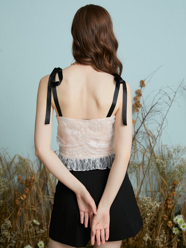 Lace Contrast Color Bowknot Knotted Strap Open Back Cami Mssza
