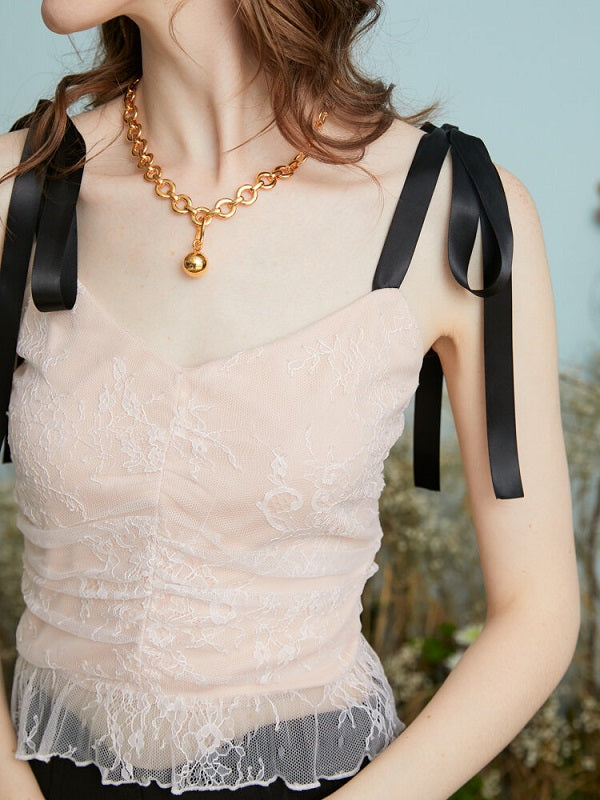 Lace Contrast Color Bowknot Knotted Strap Open Back Cami Mssza