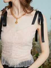 Lace Contrast Color Bowknot Knotted Strap Open Back Cami Mssza