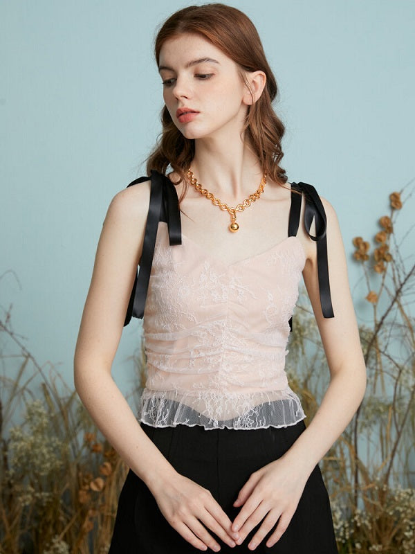 Lace Contrast Color Bowknot Knotted Strap Open Back Cami Mssza