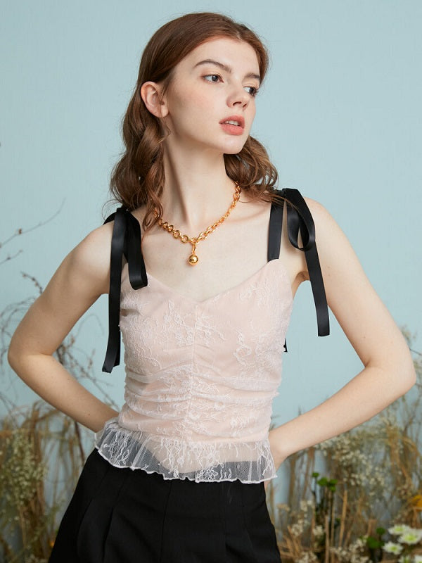 Lace Contrast Color Bowknot Knotted Strap Open Back Cami Mssza