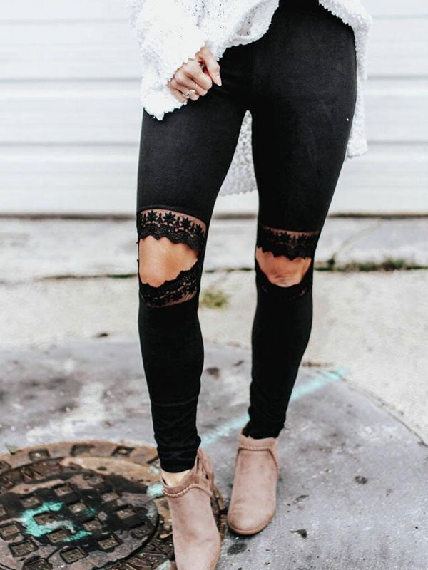 Lace Cut Out Elastic Waist Skinny Leggings Mssza