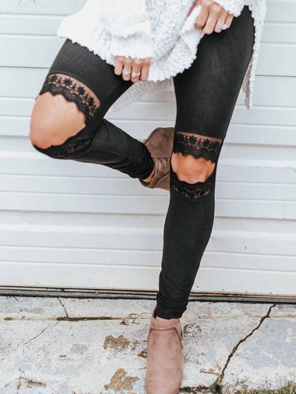 Lace Cut Out Elastic Waist Skinny Leggings Mssza