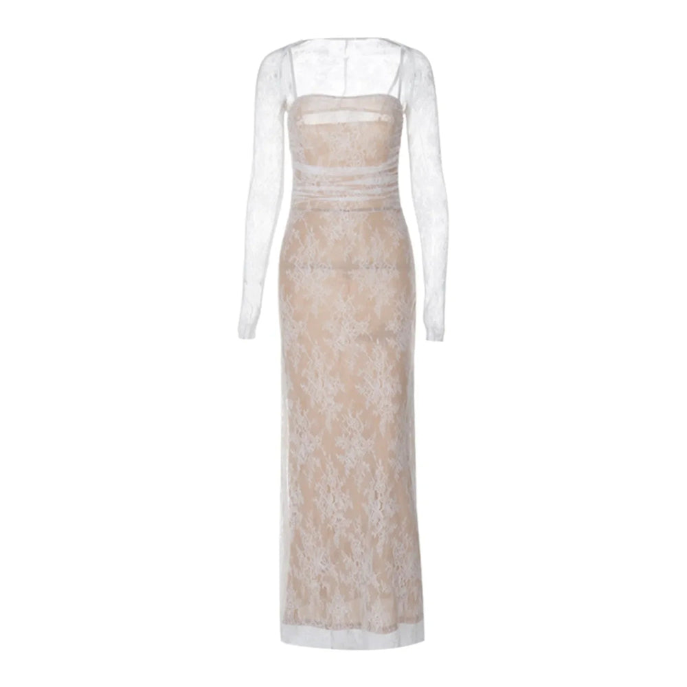 New Elegant High Waist Long Sleeve Temperament Square Collar Mermaid Lace Prom Lace Dress Mssaz Desses