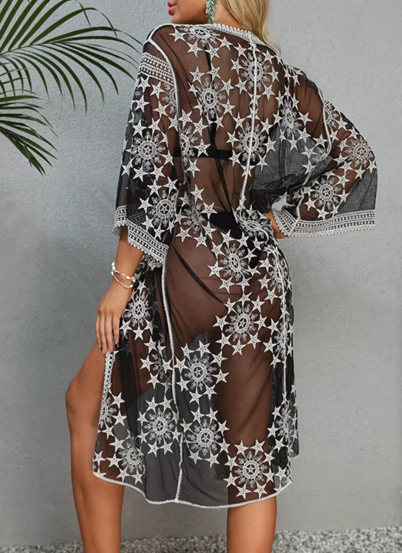 Lace Embroidery Kimono Bikini Loose Cardigan Swimsuit Beachwear Cover Ups Mssza