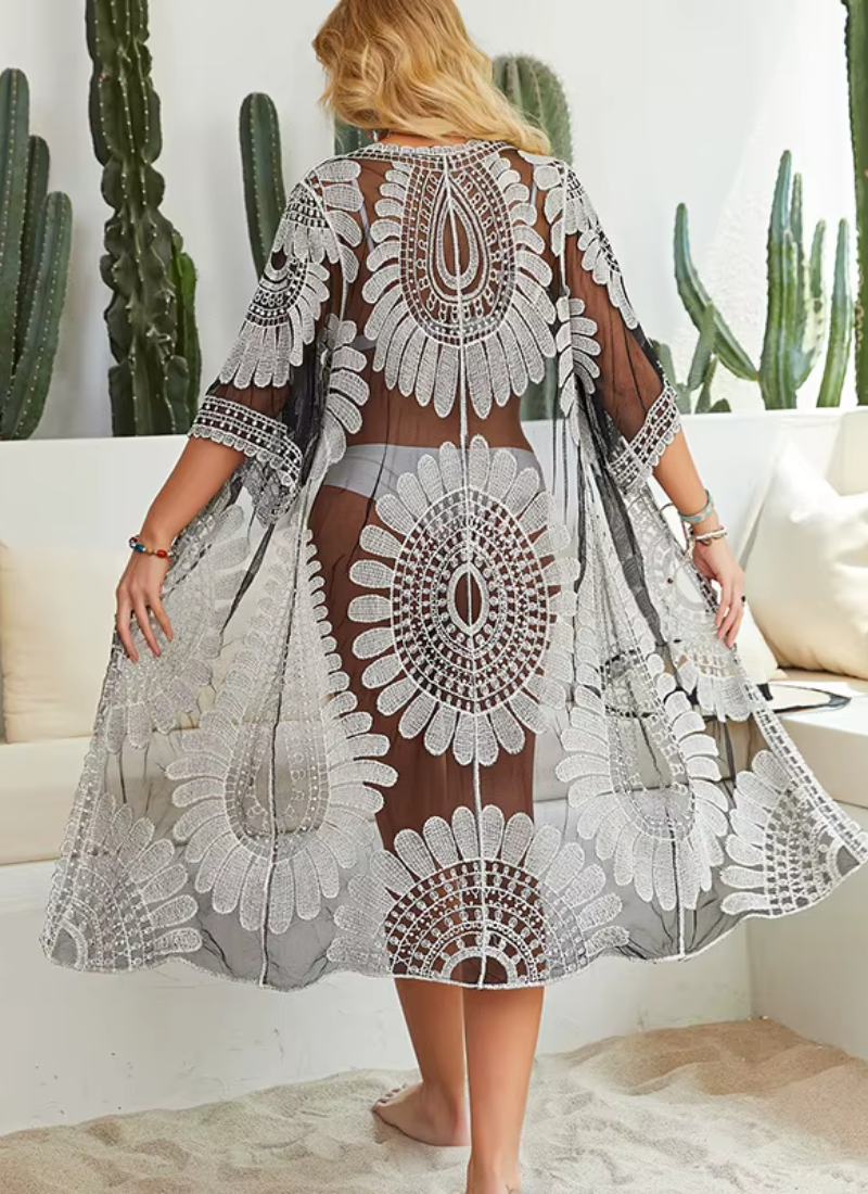 Lace Embroidery Kimono Bikini Loose Cardigan Swimsuit Cover Ups  Maxi Long Dress Mssza