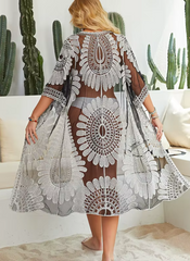 Lace Embroidery Kimono Bikini Loose Cardigan Swimsuit Cover Ups  Maxi Long Dress Mssza
