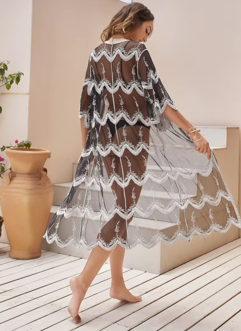 Lace Embroidery Kimono Bikini Loose Swimsuit Cover Ups Beachwear Sarong Maxi Long Dress Mssza