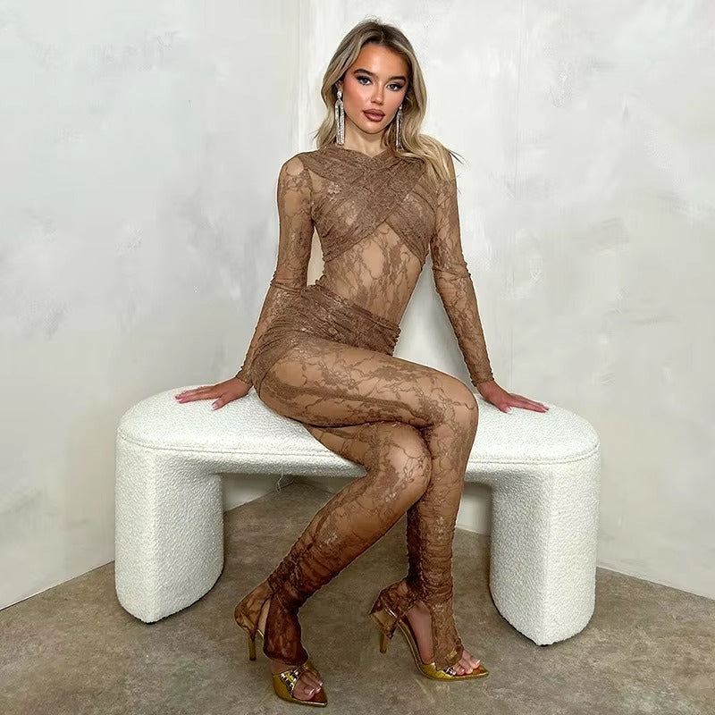 Lace Long Sleeve Romper With Skirts Two Piece Set Party Club Jumpsuit Mssza