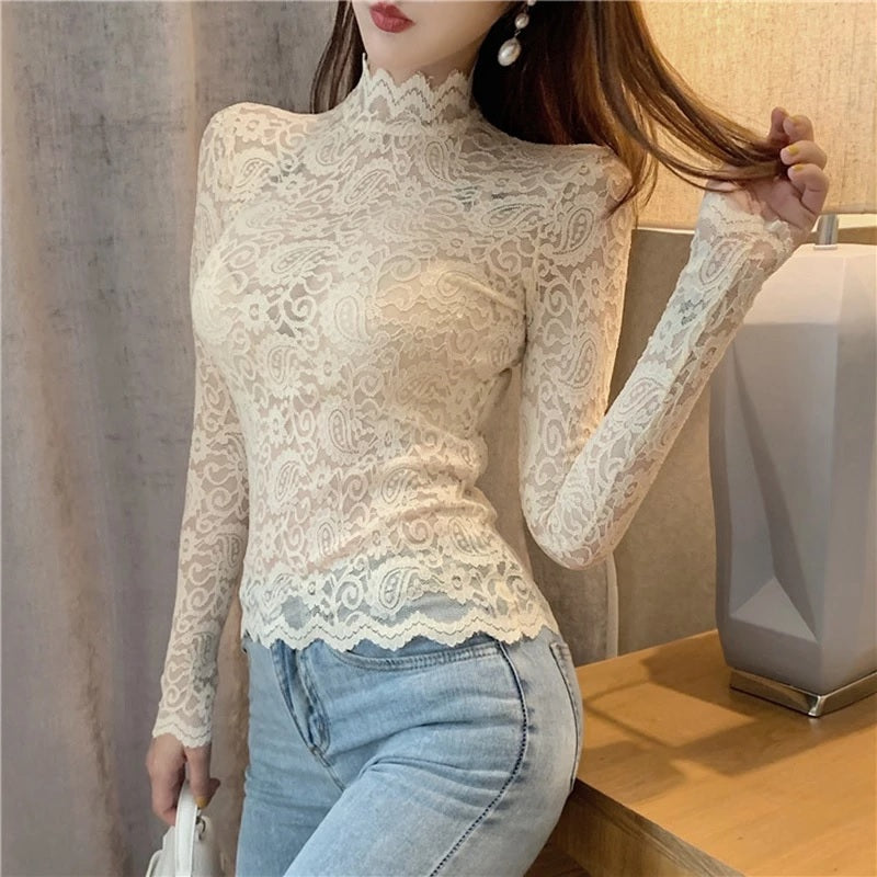Lace  Long Sleeve Transparent Blouse Mssza
