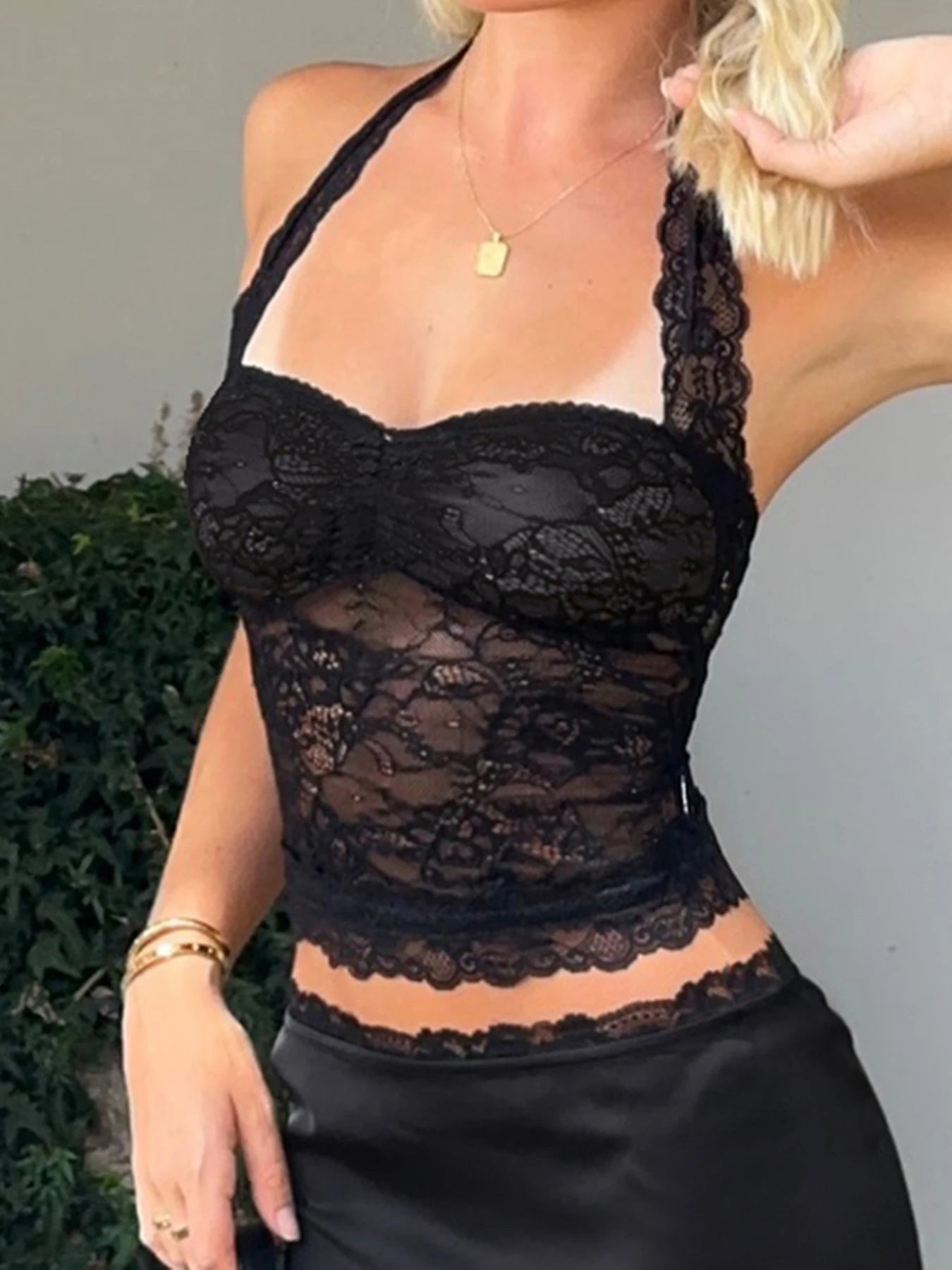Lace Patchwork Camisoles Backless Party Vintage Clubwear Halter Neck Tops Mssza