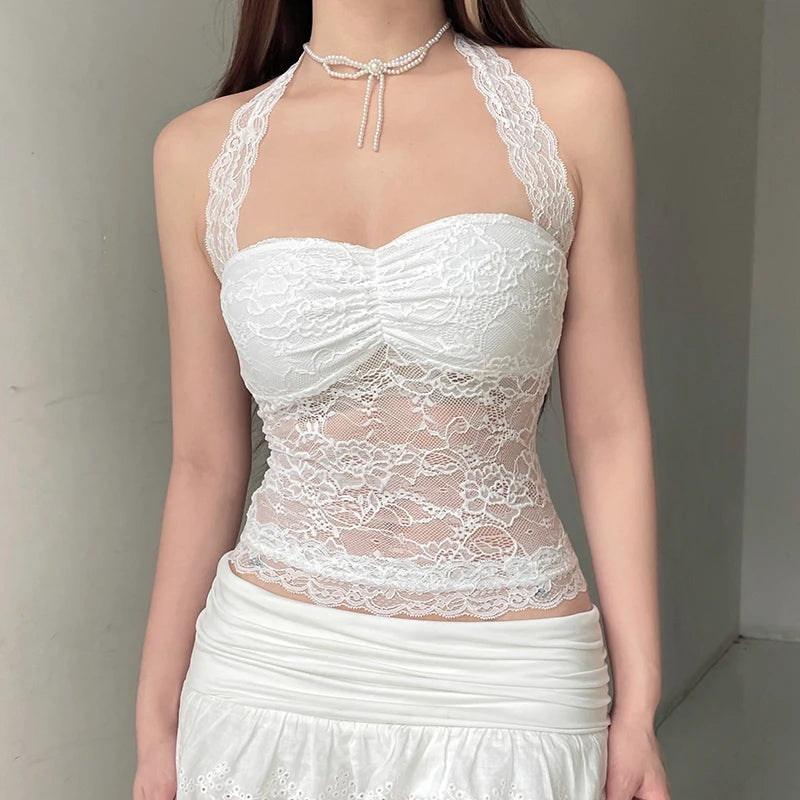 Lace Patchwork Camisoles Backless Party Vintage Clubwear Halter Neck Tops Mssza