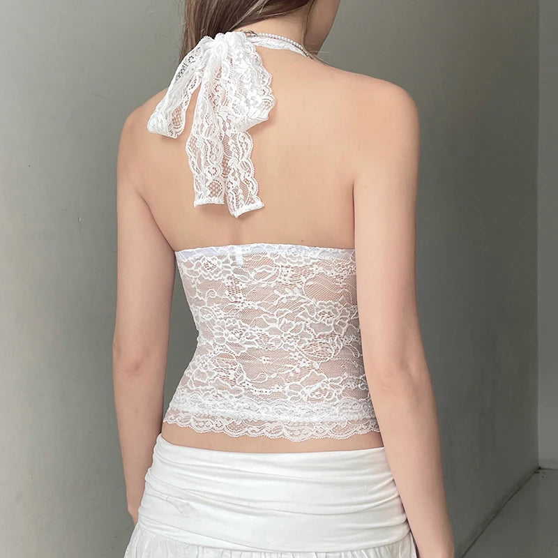 Lace Patchwork Camisoles Backless Party Vintage Clubwear Halter Neck Tops Mssza