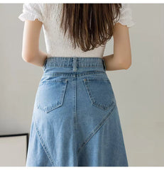 Lace Patchwork Denim High Waist Irregular Elegant Midi Skirts Mssza