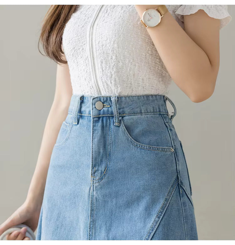 Lace Patchwork Denim High Waist Irregular Elegant Midi Skirts Mssza