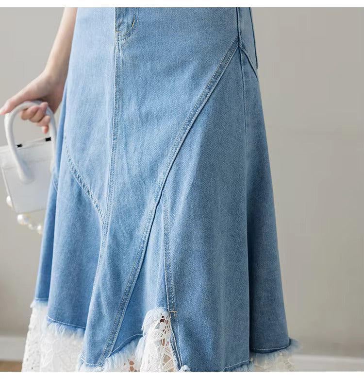 Lace Patchwork Denim High Waist Irregular Elegant Midi Skirts Mssza