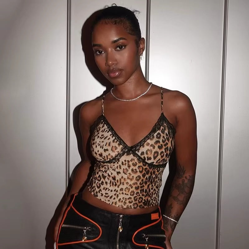 Lace Patchwork Leopard Print V-Neck Sleeveless Slim Midnight Club Crop Tops Mssza