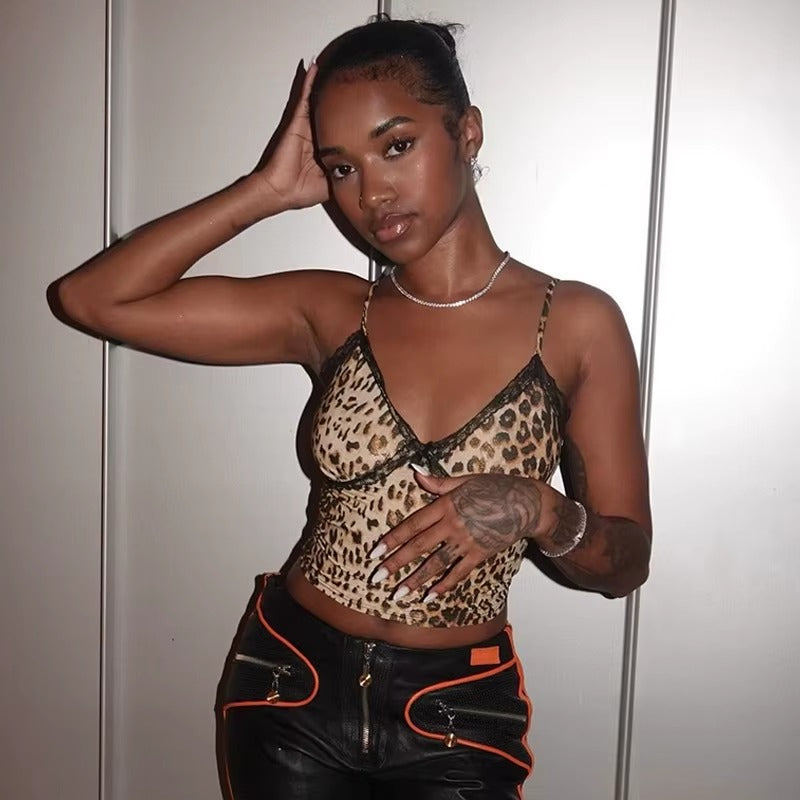 Lace Patchwork Leopard Print V-Neck Sleeveless Slim Midnight Club Crop Tops Mssza