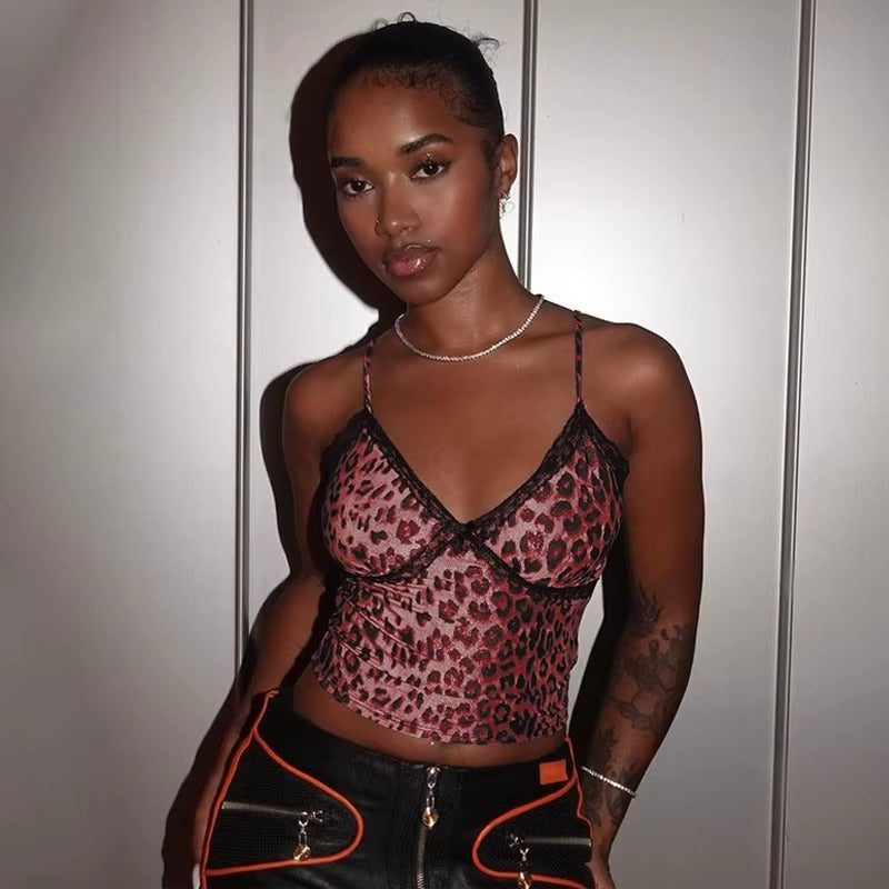 Lace Patchwork Leopard Print V-Neck Sleeveless Slim Midnight Club Crop Tops Mssza