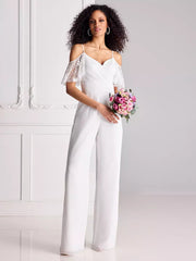 Lace Pleated Sweetheart Neck Half Sleeves Spaghetti Straps Natural Waist Floor-Length Bridal Jumpsuit Mssza