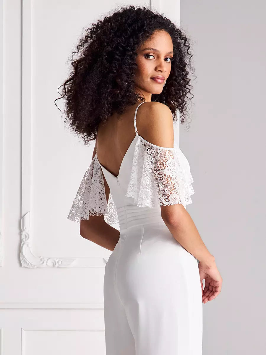 Lace Pleated Sweetheart Neck Half Sleeves Spaghetti Straps Natural Waist Floor-Length Bridal Jumpsuit Mssza