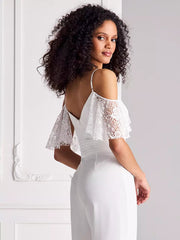 Lace Pleated Sweetheart Neck Half Sleeves Spaghetti Straps Natural Waist Floor-Length Bridal Jumpsuit Mssza